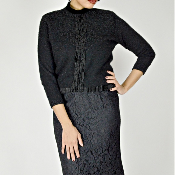 50s Black Beaded Cashmere Angora Cardigan Jacket - Picture 4 of 4